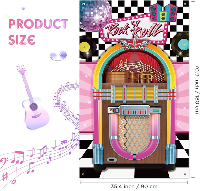 Nuenen Nuenen 50s Sock Hop Party Decorations Banner Jukebox Decor Backdrop Cloth Juke Box Cutout Rock and Roll Door Cover for 1950s Theme Birthday Party Supplies 71 x 354  - Image 2