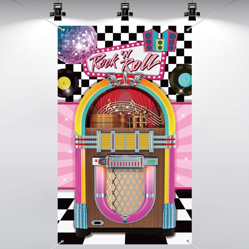Nuenen Nuenen 50s Sock Hop Party Decorations Banner Jukebox Decor Backdrop Cloth Juke Box Cutout Rock and Roll Door Cover for 1950s Theme Birthday Party Supplies 71 x 354  - Image 1