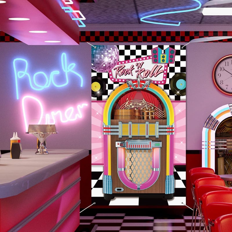 Nuenen Nuenen 50s Sock Hop Party Decorations Banner Jukebox Decor Backdrop Cloth Juke Box Cutout Rock and Roll Door Cover for 1950s Theme Birthday Party Supplies 71 x 354  - Image 4