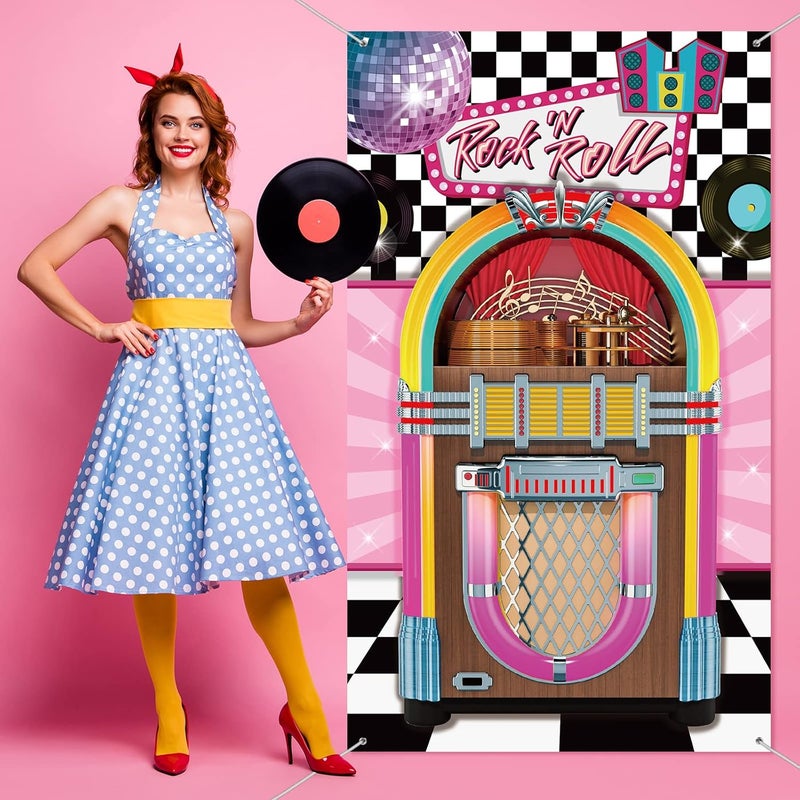 Nuenen Nuenen 50s Sock Hop Party Decorations Banner Jukebox Decor Backdrop Cloth Juke Box Cutout Rock and Roll Door Cover for 1950s Theme Birthday Party Supplies 71 x 354  - Image 5