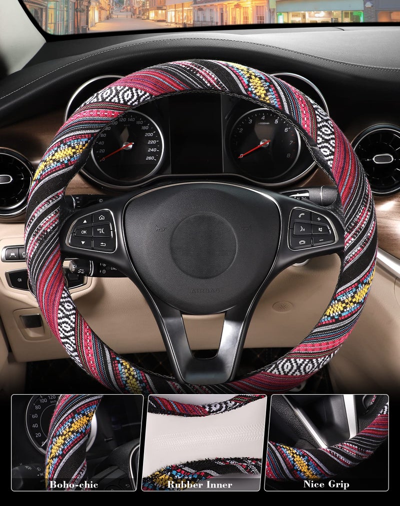 SEG Direct Boho Steering Wheel Cover with Baja Blanket Cloth, Ethnic Style Auto Wheel Cover Made of Coarse Flax, Fits 14 1/2-15 1/4 inches Car Wheel - Image 3