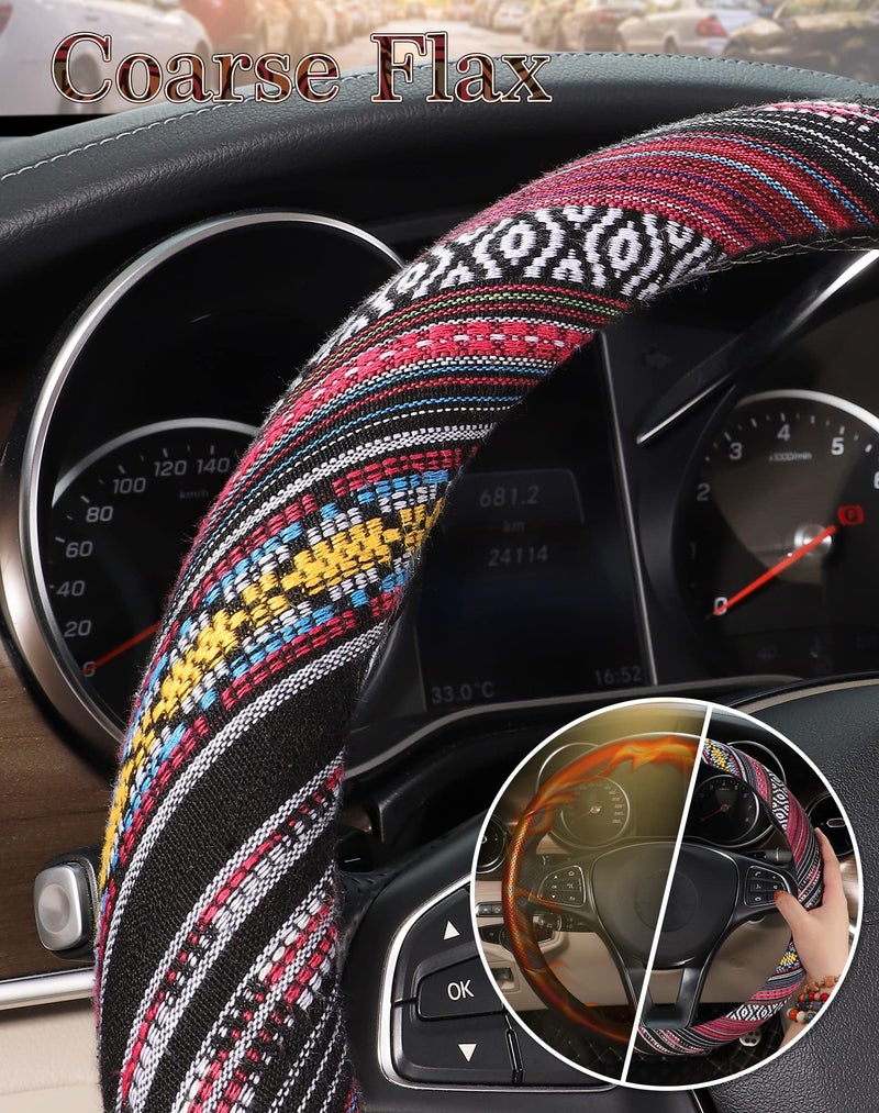 SEG Direct Boho Steering Wheel Cover with Baja Blanket Cloth, Ethnic Style Auto Wheel Cover Made of Coarse Flax, Fits 14 1/2-15 1/4 inches Car Wheel - Image 4