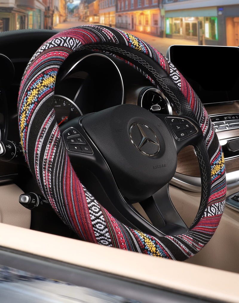 SEG Direct Boho Steering Wheel Cover with Baja Blanket Cloth, Ethnic Style Auto Wheel Cover Made of Coarse Flax, Fits 14 1/2-15 1/4 inches Car Wheel - Image 5