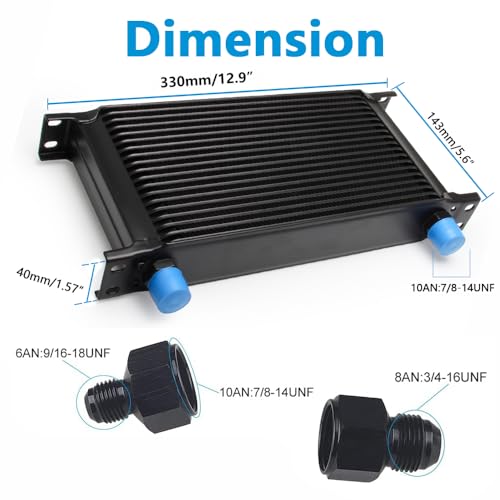 HTRACING 19 Row AN10 10AN Transmission Oil Cooler Kit Stacked Plate With 6AN 8AN Adapter Universal Engine Transmission British Radiator Oil Cooler Condenser Aluminium Alloy Black - Image 2