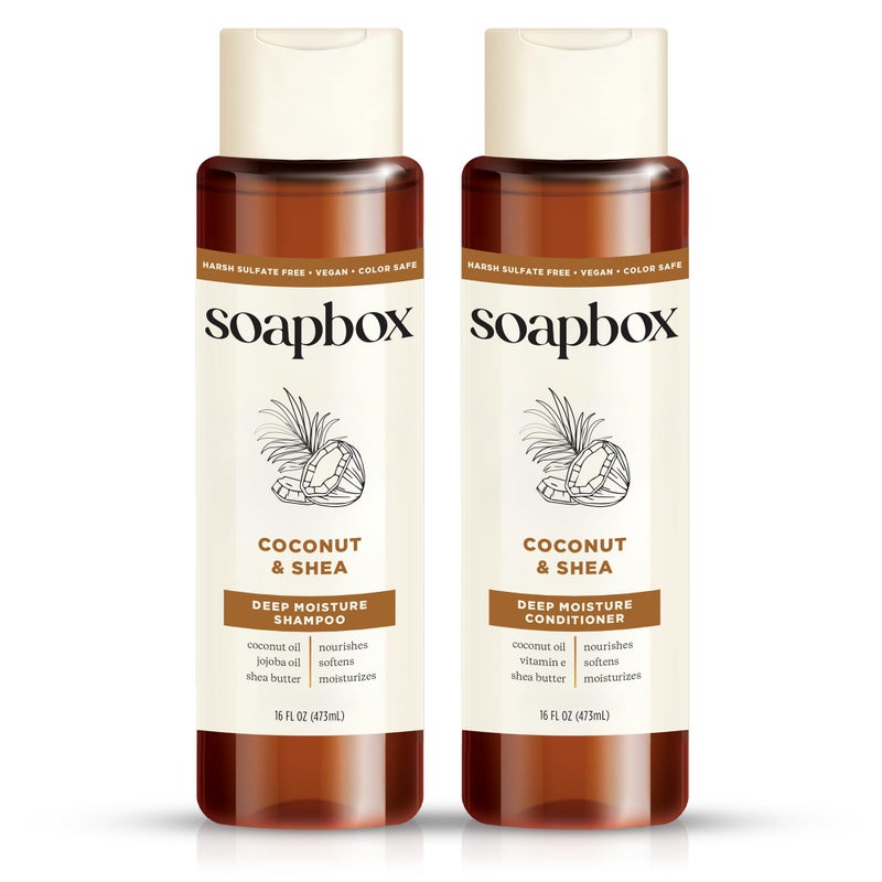 Soapbox Shampoo and Conditioner Set with Coconut Oil Jojoba Oil Aloe and Shea Butter to Moisturize and Nourish for All Hair Types 16 Ounces Each Pack of 2