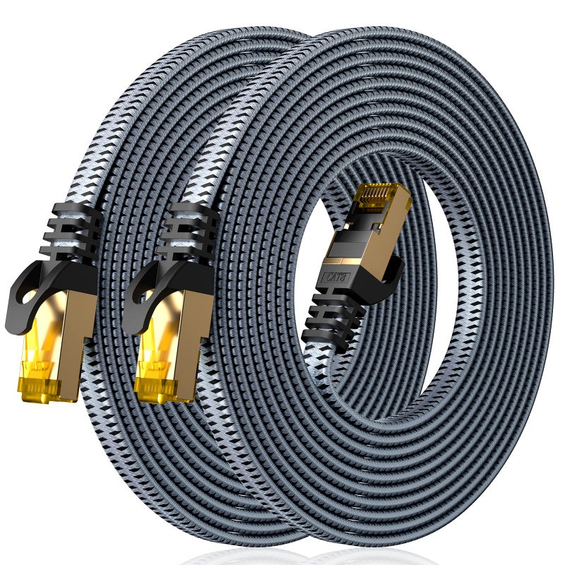 ARISKEEN Cat 8 Ethernet Cable 10 FT 2 Pack, 40Gbps 2000Mhz High Speed Cat8 Network LAN Patch Cord, Nylon Braided Heavy Duty Shielded RJ45 Flat Internet Cable for Indoor Outdoor - 10 Feet (Grey) - Image 1