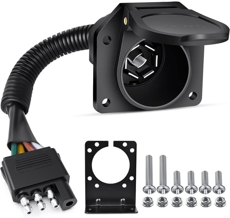 Nilight 4 Way Flat to 7 Way Round Blade Trailer Adapter Wiring Harness 4 Pin to 7 Pin Electrical Connector Wiring Plug Connector with Mounting Bracket for RV Truck Factory Tow Package,2 Years Warranty - Image 1