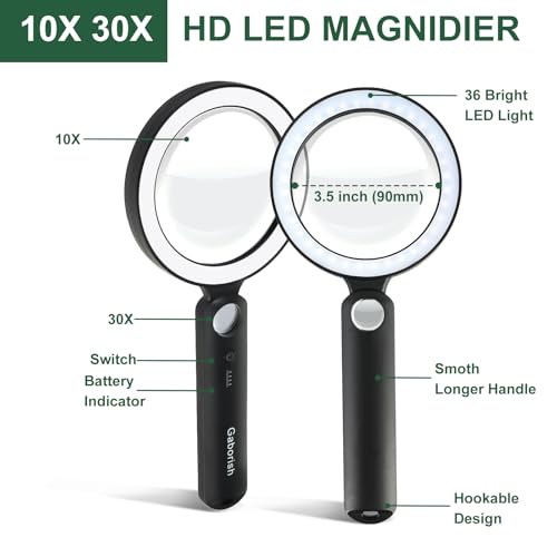 GABORISH Glass Magnifying Glass with Light Handheld 10X 30X Magnifier with 36 LEDs, 5 Color Modes Rechargeable Lighted Magnifiers, Gift for Senior Reading, Coin, Stamps, Inspection (White & Black) - Image 5