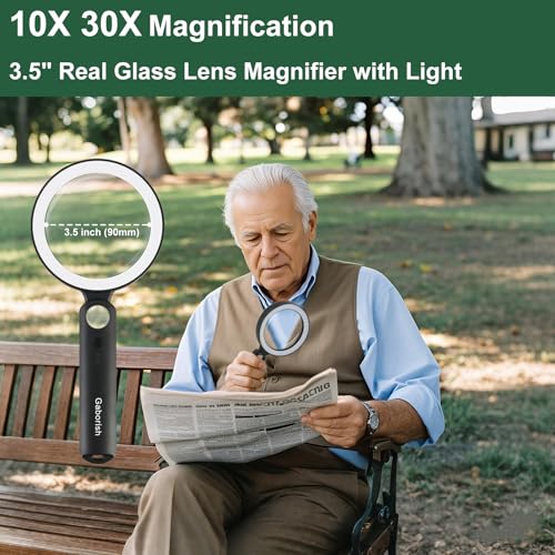 GABORISH Glass Magnifying Glass with Light Handheld 10X 30X Magnifier with 36 LEDs, 5 Color Modes Rechargeable Lighted Magnifiers, Gift for Senior Reading, Coin, Stamps, Inspection (White & Black) - Image 2