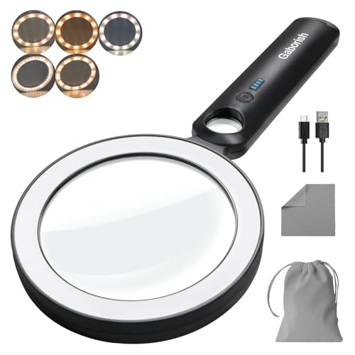 GABORISH Glass Magnifying Glass with Light Handheld 10X 30X Magnifier with 36 LEDs, 5 Color Modes Rechargeable Lighted Magnifiers, Gift for Senior Reading, Coin, Stamps, Inspection (White & Black) - Image 1