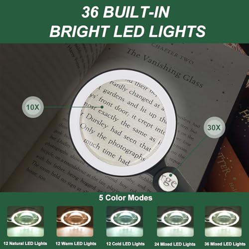 GABORISH Glass Magnifying Glass with Light Handheld 10X 30X Magnifier with 36 LEDs, 5 Color Modes Rechargeable Lighted Magnifiers, Gift for Senior Reading, Coin, Stamps, Inspection (White & Black) - Image 3