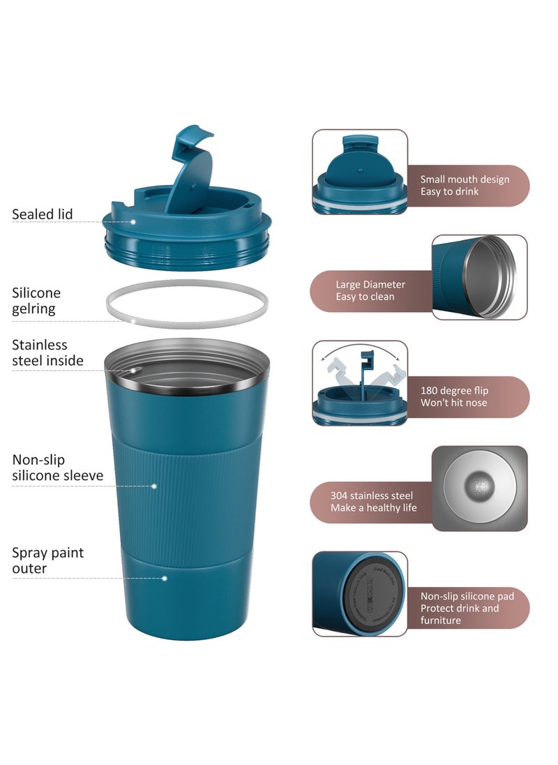 LEFAFA - Travel Coffee Mug, 510ml Insulated Coffee Mug with Leakproof Lid,  Stainless Steel Coffee Tumbler, Reusable Coffee Cup for Hot and Cold(Blue) - Image 1