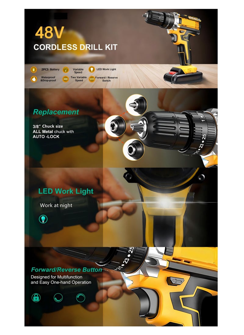 Generic - 48V Cordless Drill Set, Power Drill Set with Battery and Charger, Compact Driver/Drill Bits, 25+3 Torque Setting, 3/8'' Keyless Chuck, 2 Variable Speed, Electric Drill Set with Tool Bag - Image 1