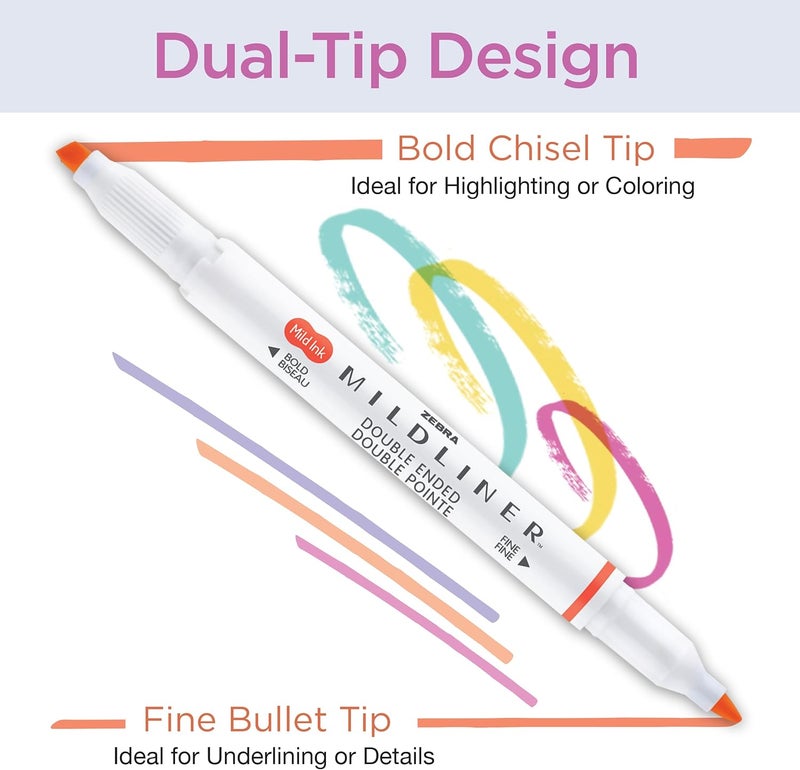Zebra Pen مجموعة أقلام تمييز مزدوجة الطرف Mildliner، رؤوس عريضة ورفيعة، لا تسرب، مثالية لتظليل الكتاب المقدس، أدوات فنية قابلة للهدايا وهدايا للمعلمين، ألوان حبر ناعمة متنوعة، 8 قطع (78108) - Image 2