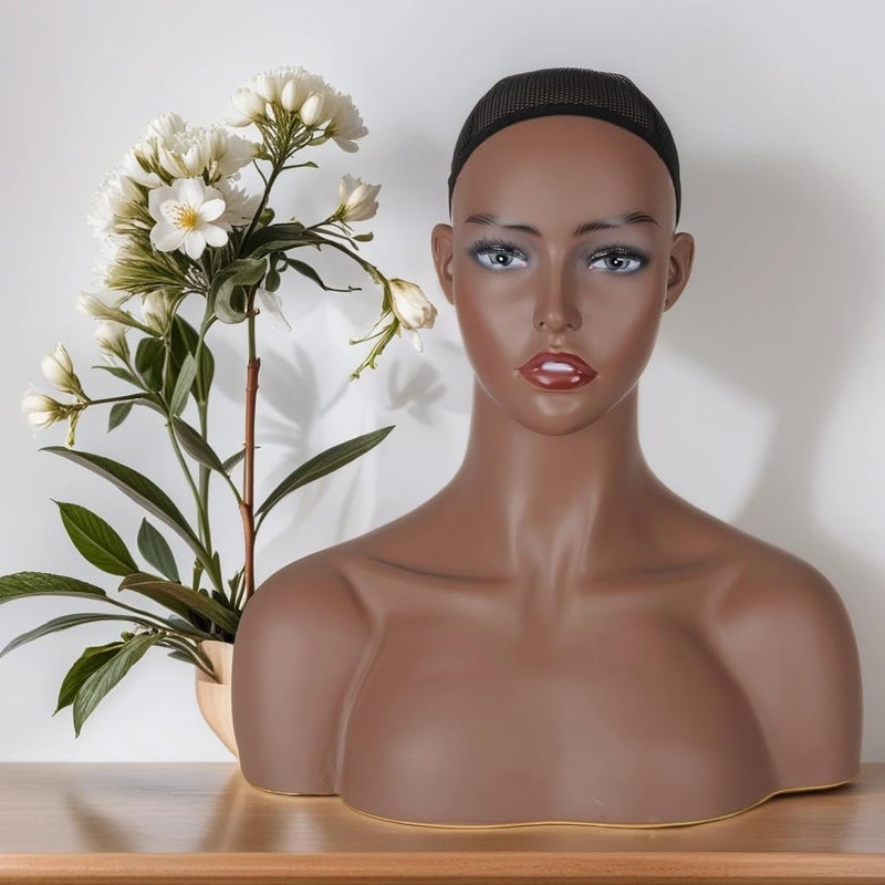 JINGFA JINGFA Realistic Female Wig Displaying Head Makeup Mannequin Head with Shoulders Dark Brown 