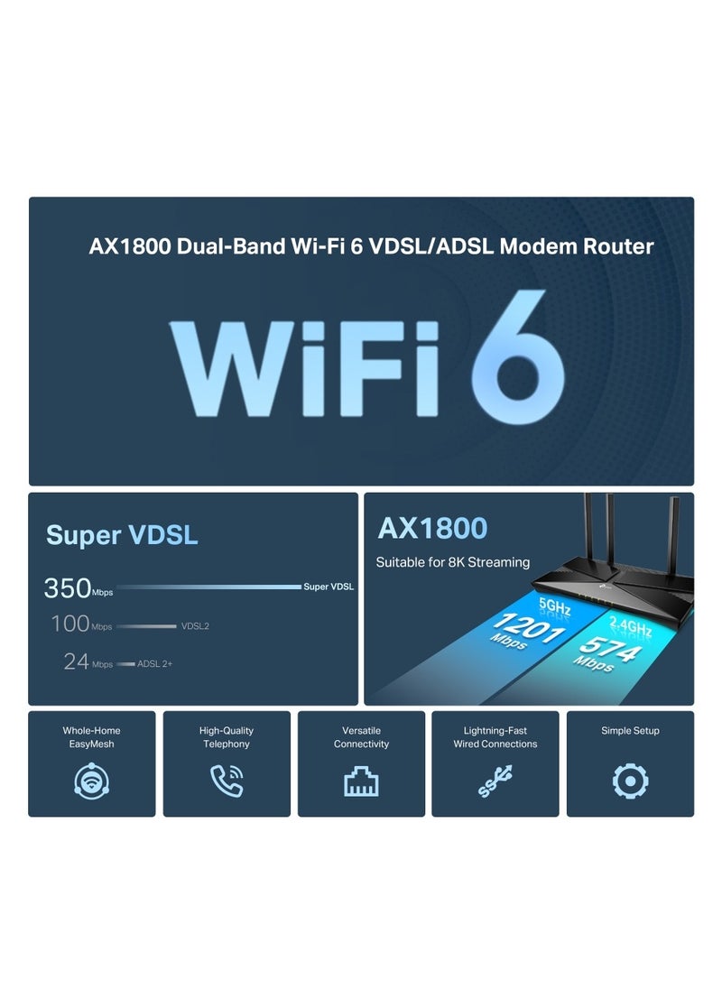 Tp-link Tl - Archer VX1800v AX1800 Dual-Band Wi-Fi 6 VDSL/ADSL Modem Router - Image 1