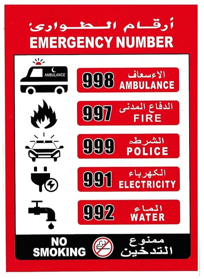 Midwest UAE Emergency Help Line Numbers Sticker, Highly Reflective, Self Adhesive, Waterproof, Indoor/Outdoor Premium Vinyl Sign 30X21CM  - Image 1