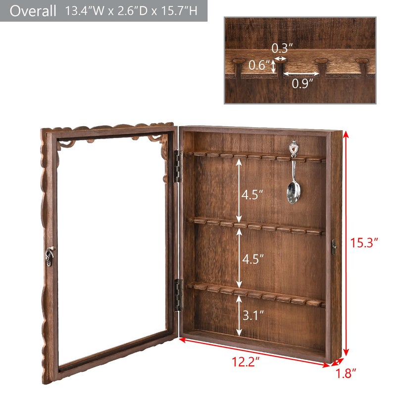Ikee Design Wooden 30-Souvenir Spoon Display Case Cabinet, Wall-Mounted Tea Spoon Rack with Tempered Glass Suitable for Collection Display, 13.4W x 2.6D x 15.7H in - Image 3