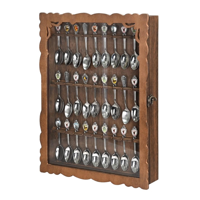 Ikee Design Wooden 30-Souvenir Spoon Display Case Cabinet, Wall-Mounted Tea Spoon Rack with Tempered Glass Suitable for Collection Display, 13.4W x 2.6D x 15.7H in - Image 2