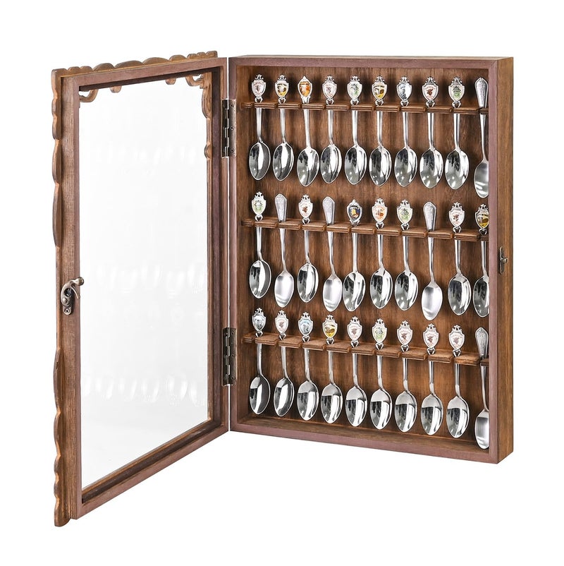 Ikee Design Wooden 30-Souvenir Spoon Display Case Cabinet, Wall-Mounted Tea Spoon Rack with Tempered Glass Suitable for Collection Display, 13.4W x 2.6D x 15.7H in - Image 5