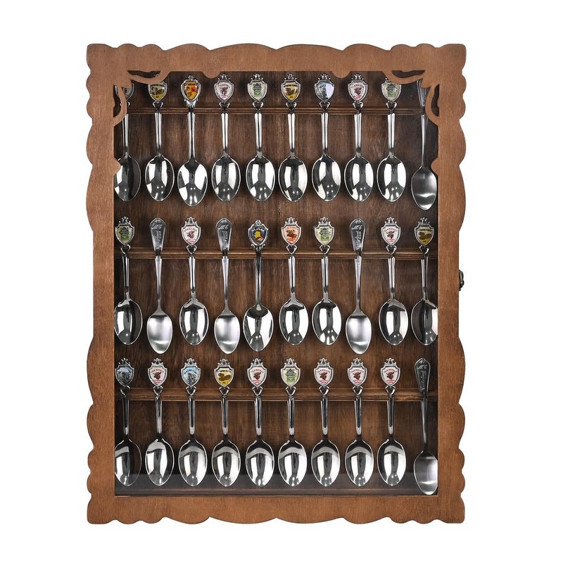 Ikee Design Wooden 30-Souvenir Spoon Display Case Cabinet, Wall-Mounted Tea Spoon Rack with Tempered Glass Suitable for Collection Display, 13.4W x 2.6D x 15.7H in - Image 1