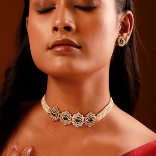 VOYLLA Shahi Dwar Mohini Choker Set For Women, Festive, Wedding, Royal, Cocktail, American Diamond, Gift for Women & Girls, Womens Gift - Image 3