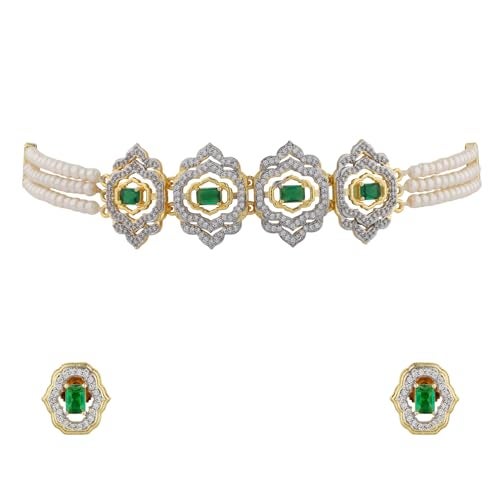 VOYLLA Shahi Dwar Mohini Choker Set For Women, Festive, Wedding, Royal, Cocktail, American Diamond, Gift for Women & Girls, Womens Gift - Image 1