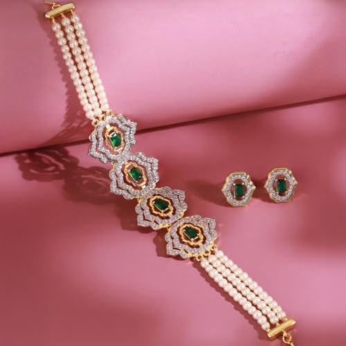 VOYLLA Shahi Dwar Mohini Choker Set For Women, Festive, Wedding, Royal, Cocktail, American Diamond, Gift for Women & Girls, Womens Gift - Image 2