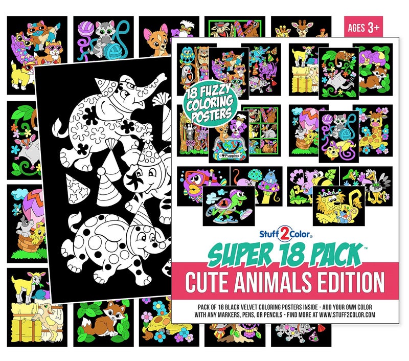 Super Pack of 18 Fuzzy Coloring Posters Cute Animals Edition Arts Crafts Kit for Kids Girls and Boys Perfect for Toddlers as a Quiet Time Project or Indoor Family Activity 1 Pack