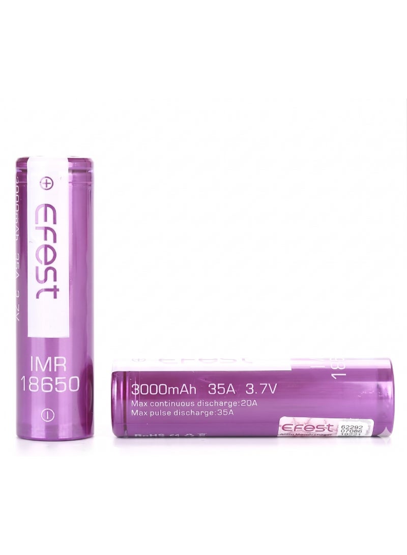Efest IMR 18650 high-drain lithium-ion battery 3000mAh and operates at a nominal voltage of 3.7V discharge of 20A and a pulse discharge of 35A