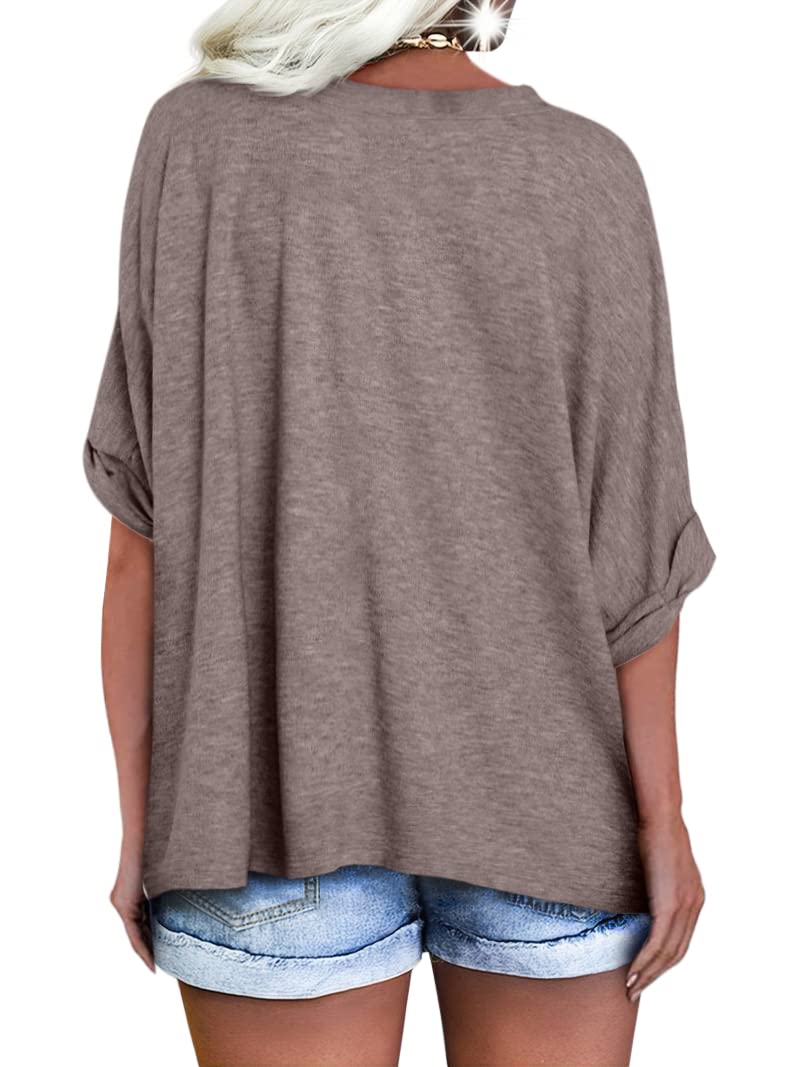 Langwyqu Women's Oversized T Shirts V Neck Short Sleeve Summer Casual Loose Tops Tees Brown - Image 2