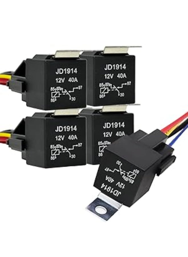 5 Pack Relay 12V 40A, 5 Pin Relay with Sockets and Wiring Harness Relay Switch Kits for Car Truck Motorcycle Boat