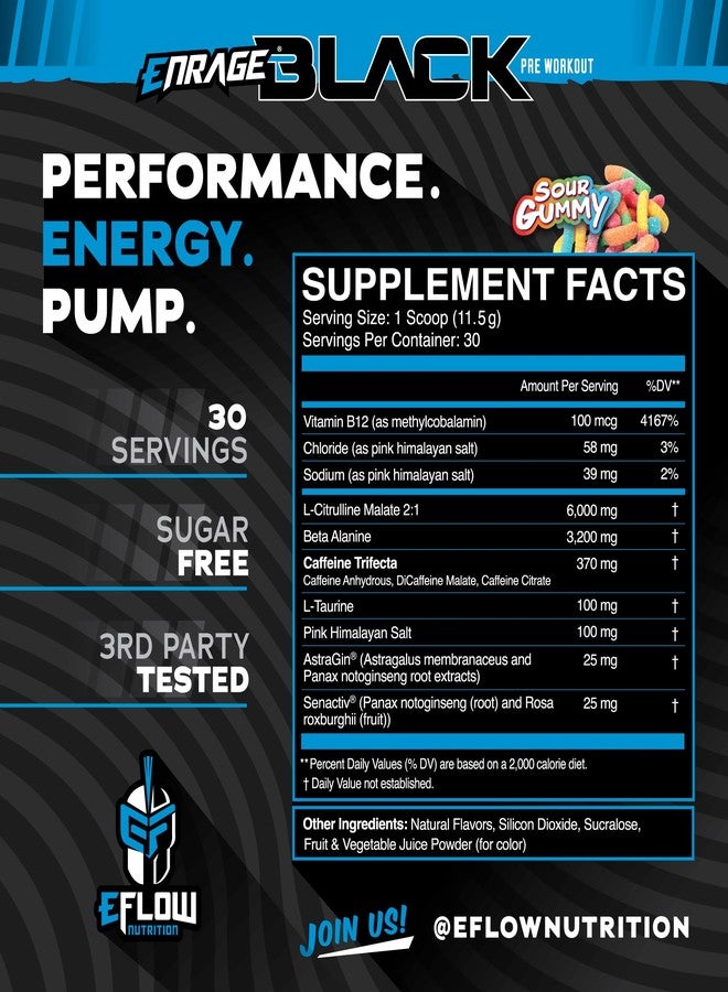eFlow Nutrition Enrage Black High Stimulant Pre Workout Supplement - Preworkout Powder to Boost Energy, Pumps and Strength - 4 Flavors (30 Servings) (Sour Gummy) - Image 2