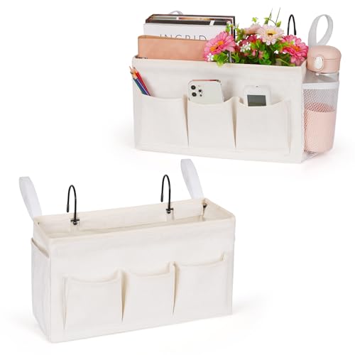 Lilithye Bedside Caddy Organizer with Fixed Straps and Water Bottle Holder for Home, College Dorm, Hospital, Crib and Bunk Bed (2pcs White) - Image 1