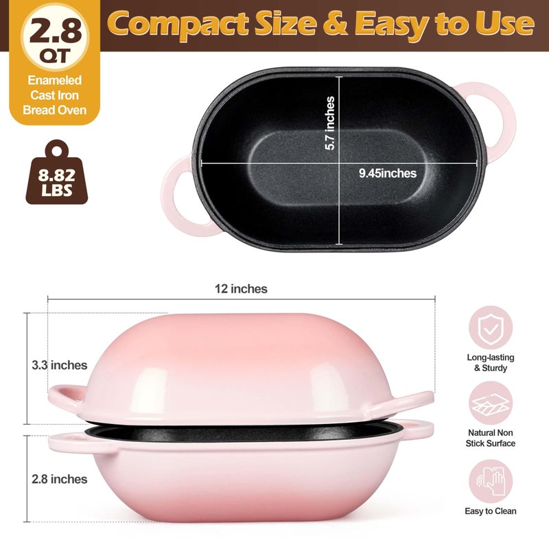 Homikit Enameled Cast Iron Dutch Oven for Bread Baking, 2.8 QT Oval Bread Oven Pot with Lid, 9.5 x 5.7 Inch Sourdough Loaf Baking Pan for Homemade Bread, Heavy Duty & Oven Safe, Pink - Image 2