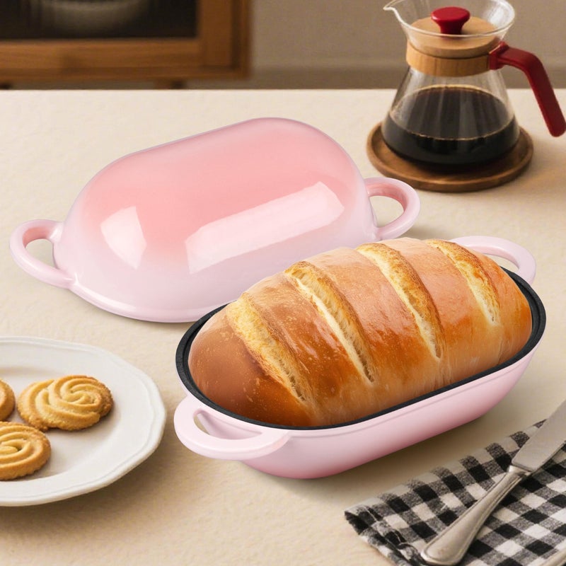 Homikit Enameled Cast Iron Dutch Oven for Bread Baking, 2.8 QT Oval Bread Oven Pot with Lid, 9.5 x 5.7 Inch Sourdough Loaf Baking Pan for Homemade Bread, Heavy Duty & Oven Safe, Pink - Image 4
