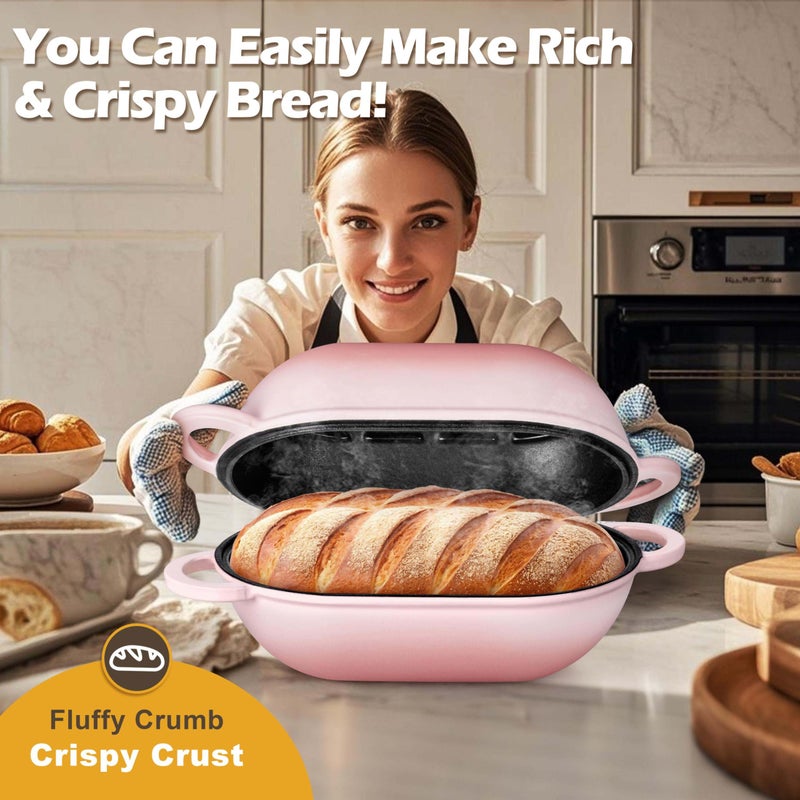 Homikit Enameled Cast Iron Dutch Oven for Bread Baking, 2.8 QT Oval Bread Oven Pot with Lid, 9.5 x 5.7 Inch Sourdough Loaf Baking Pan for Homemade Bread, Heavy Duty & Oven Safe, Pink - Image 5