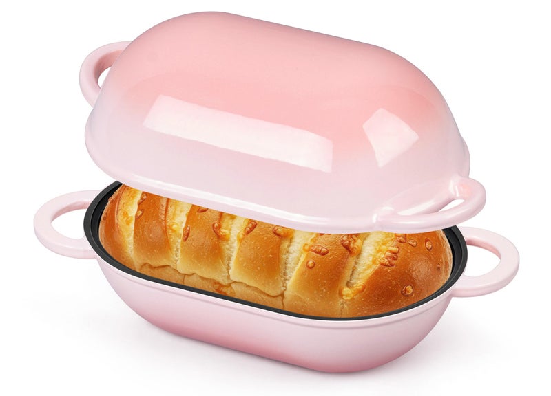 Homikit Enameled Cast Iron Dutch Oven for Bread Baking, 2.8 QT Oval Bread Oven Pot with Lid, 9.5 x 5.7 Inch Sourdough Loaf Baking Pan for Homemade Bread, Heavy Duty & Oven Safe, Pink - Image 1