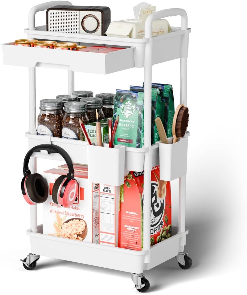 Sorgion 3 Tier Rolling Cart Organizer,Laundry Room Bathroom Organizers and Storage Office Shelves Mobile Shelving Unit Kitchen Trolley Cart with Wheels for Art,Craft,Diaper,Bedside,Snack(White) - Image 1