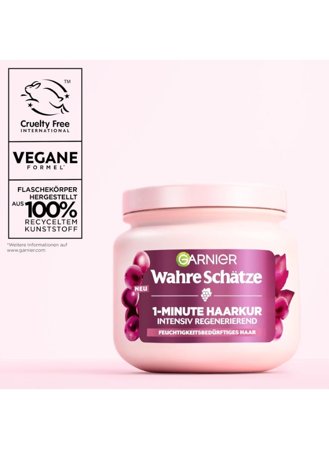 Garnier Wahre Schätze 1-Minute Hair Treatment, Intensely Regenerating Treatment for Moisture-Needed Hair with Grape Water and Grape Seed Oil, 340 ml - Image 1