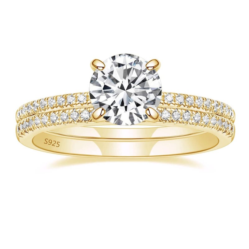 EAMTI 1.2CT 925 Sterling Silver Bridal Ring Sets 14K Gold Plated Round CZ Engagement Promise Rings for Her Wedding Bands for Womenn Size 7 - Image 1