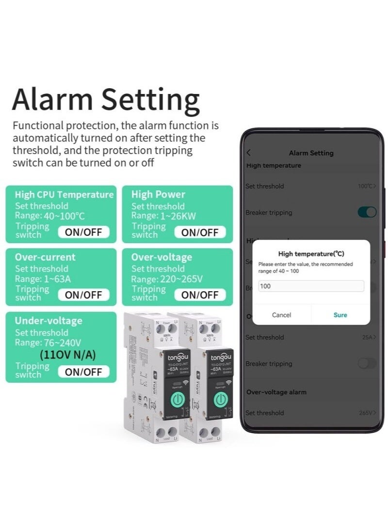 قاطع الدائرة الذكي TUYA WiFi MCB المزود بحماية من التيار الزائد والجهد المنخفض مع ميزة القياس، 1-63 أمبير مع جهاز مراقبة استهلاك الطاقة، والتحكم عن بُعد عبر تطبيق Smart Life/Tuya، ووظائف المؤقت، ومثبت على سكة DIN - Image 3