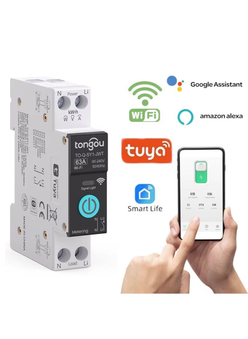 قاطع الدائرة الذكي TUYA WiFi MCB المزود بحماية من التيار الزائد والجهد المنخفض مع ميزة القياس، 1-63 أمبير مع جهاز مراقبة استهلاك الطاقة، والتحكم عن بُعد عبر تطبيق Smart Life/Tuya، ووظائف المؤقت، ومثبت على سكة DIN - Image 1