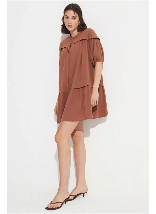 JUNE June Grandad Neck Flounce Dress Brown