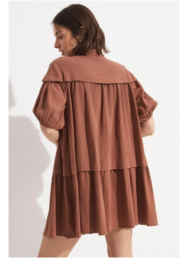 JUNE June Grandad Neck Flounce Dress Brown