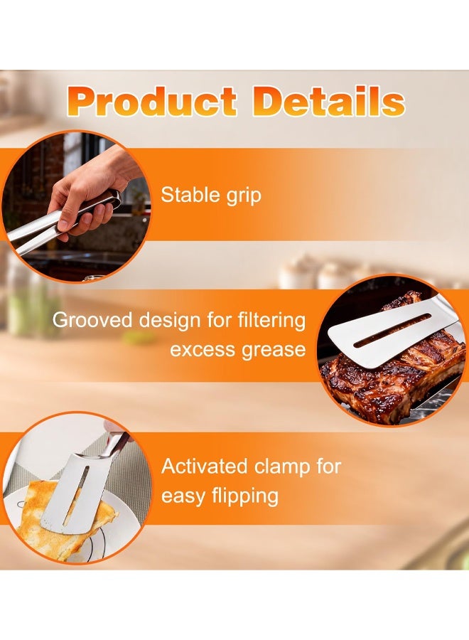 2 PCS Stainless Steel Grill Clamp, Multifunctional Stainless Steel Food Flipping Spatula Tongs, Anti-Scald Extended Handle Spatula Tong For Flipping Steak Fish Bread BBQ - Image 3