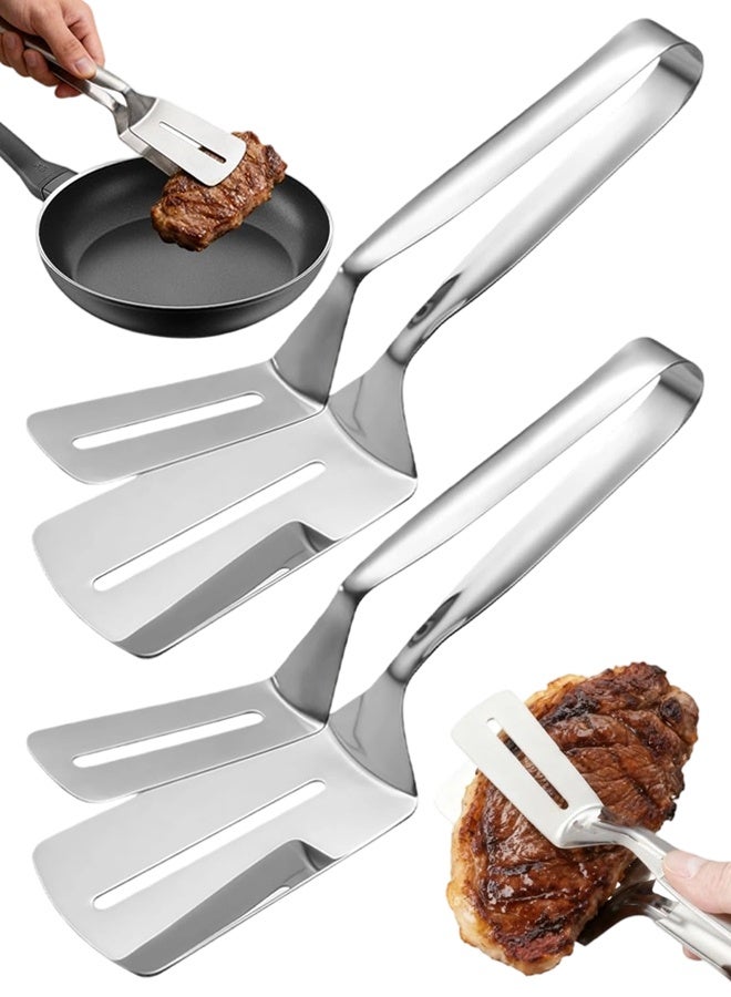 2 PCS Stainless Steel Grill Clamp, Multifunctional Stainless Steel Food Flipping Spatula Tongs, Anti-Scald Extended Handle Spatula Tong For Flipping Steak Fish Bread BBQ - Image 1