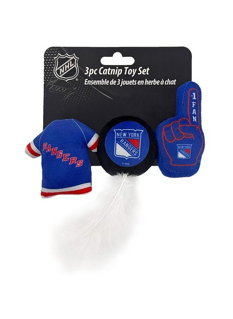 BEST PLUSH CAT TOY: NHL NEW YORK RANGERS Complete Set of 3 piece Cat Toys filled with Fresh Catnip. Incl: 1 Jersey Cat Toy, 1 Hockey Puck Cat Toy with Feathers & 1 #1 Fan Cat Toy. All with Team LOGOS