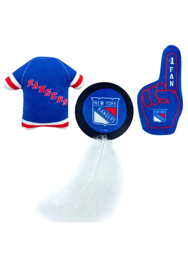 BEST PLUSH CAT TOY: NHL NEW YORK RANGERS Complete Set of 3 piece Cat Toys filled with Fresh Catnip. Incl: 1 Jersey Cat Toy, 1 Hockey Puck Cat Toy with Feathers & 1 #1 Fan Cat Toy. All with Team LOGOS