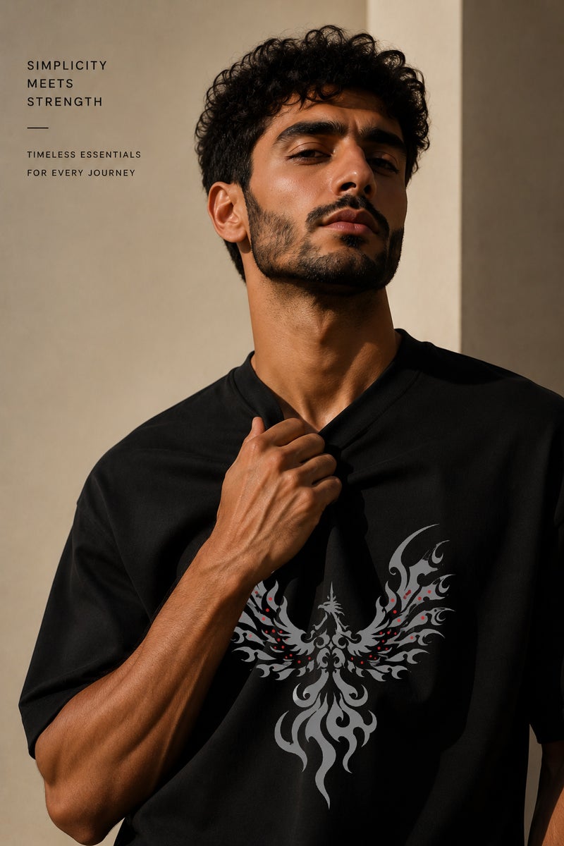 Men's Oversized Black Phoenix Graphic T-Shirt Casual Short Sleeve Crew Neck Streetwear Tee - Image 5